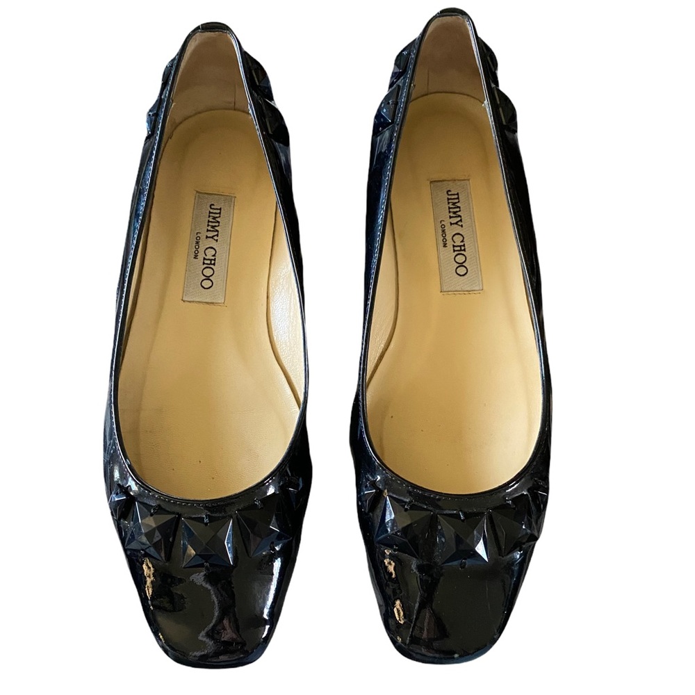 Jimmy Choo Watson Ballet Flat Embellished Black Patent Leather SZ 38.5